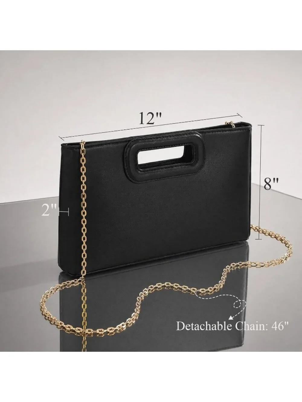 Women's Black Clutch Handbag Modern Faux Leather with Metal Handle Evening Bag